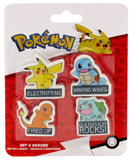 Set 4 Gomme Pokémon - Pikachu, Squirtle, Charmander, Bulbasaur